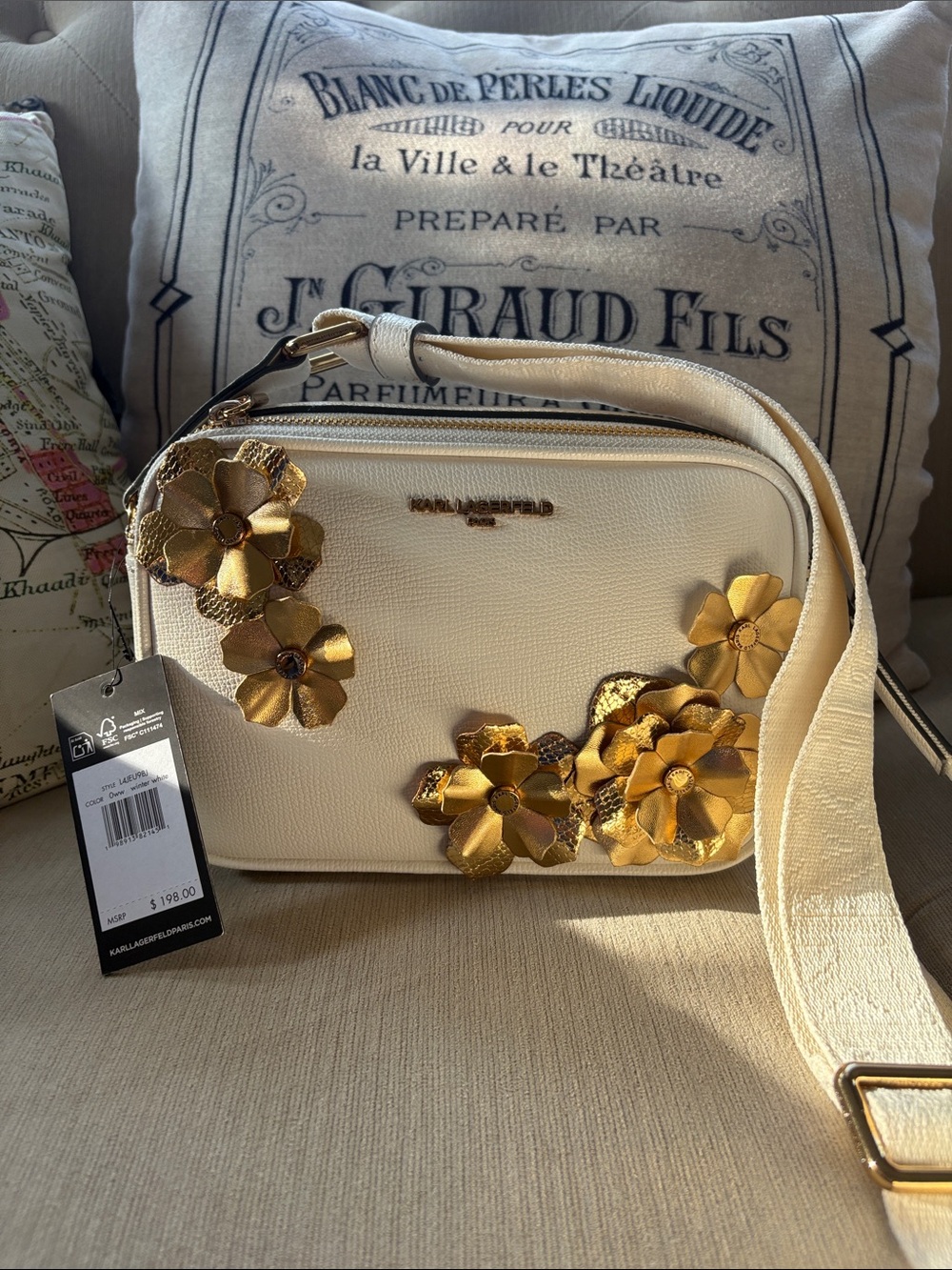 Karl Lagerfeld white Crossbody with Gold Floral Accents